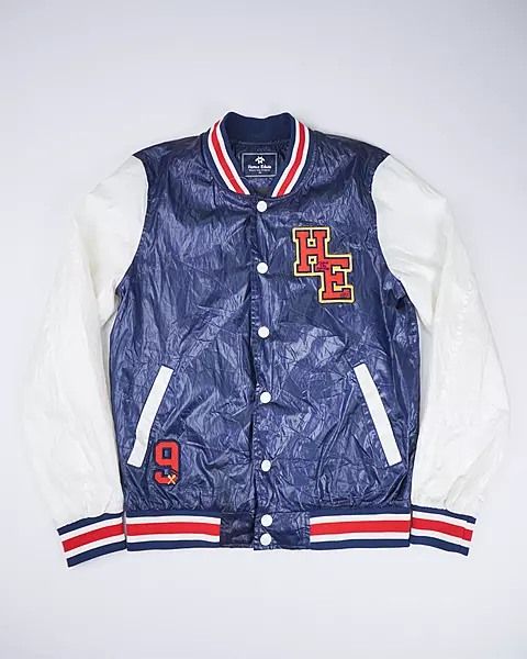 Navy and White Colorblock Varsity Bomber Jacket