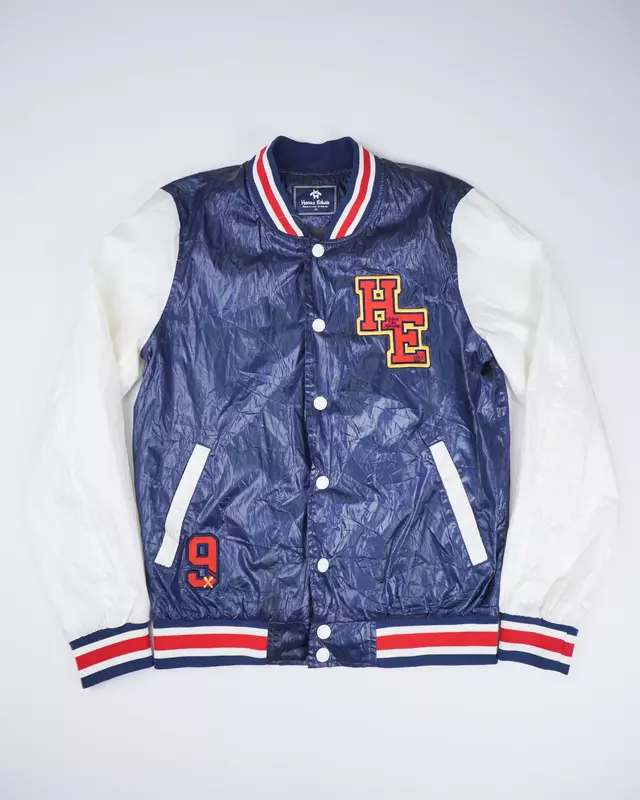 Navy and White Colorblock Varsity Bomber Jacket