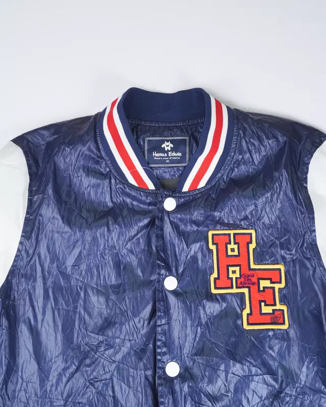 Navy and White Colorblock Varsity Bomber Jacket
