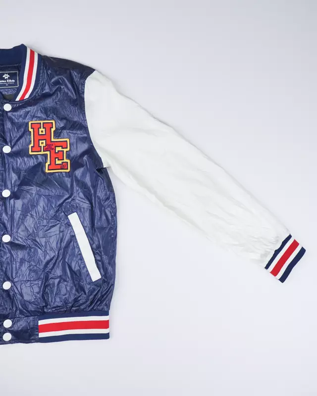 Navy and White Colorblock Varsity Bomber Jacket