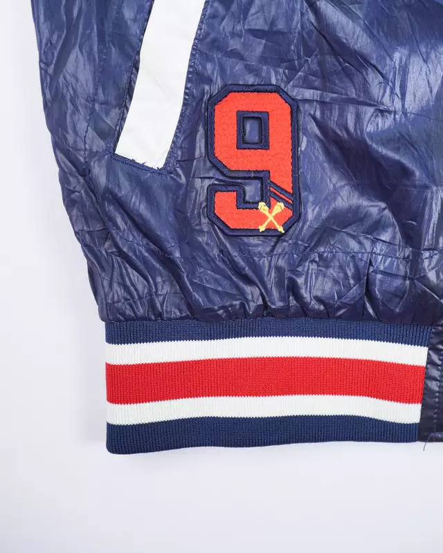 Navy and White Colorblock Varsity Bomber Jacket