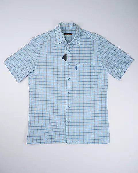 Light Blue Windowpane-Check Short-Sleeve Shirt