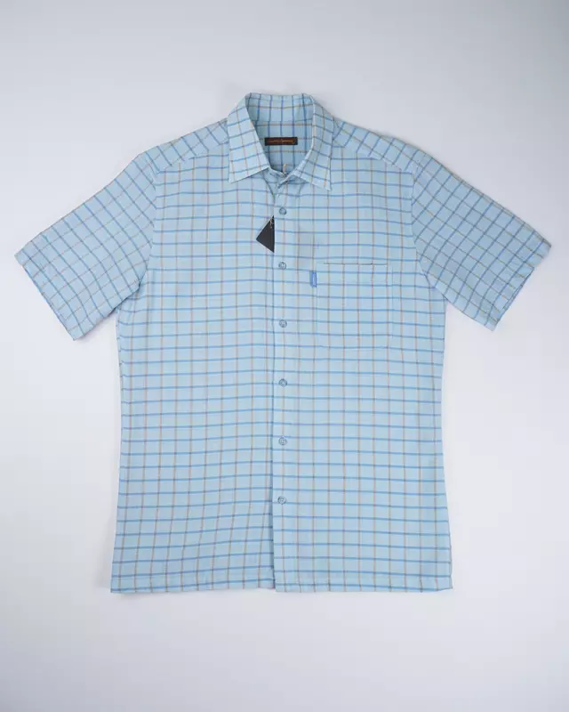 Light Blue Windowpane-Check Short-Sleeve Shirt