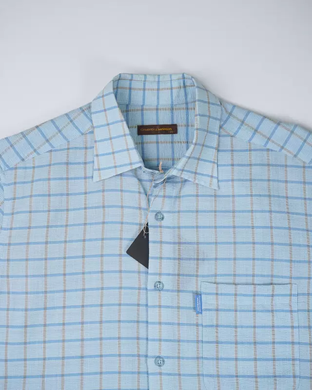Light Blue Windowpane-Check Short-Sleeve Shirt