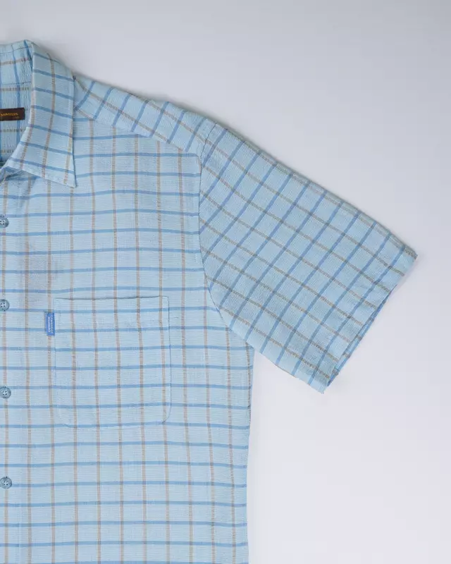 Light Blue Windowpane-Check Short-Sleeve Shirt