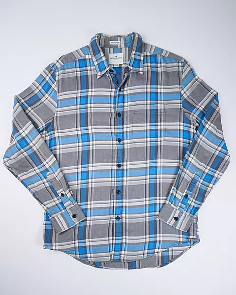 Grey and Blue Plaid Long-Sleeve Flannel Shirt