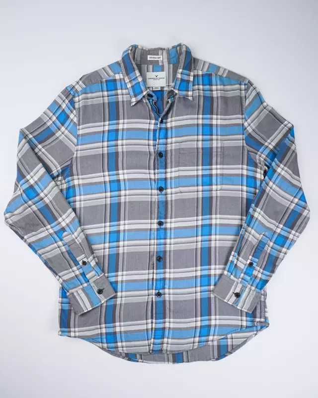 Grey and Blue Plaid Long-Sleeve Flannel Shirt