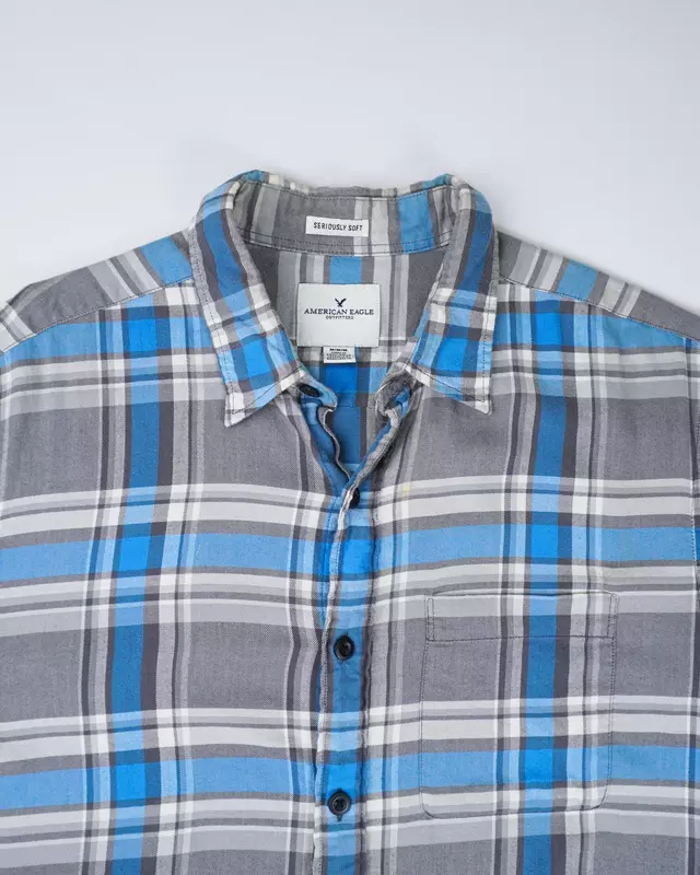 Grey and Blue Plaid Long-Sleeve Flannel Shirt
