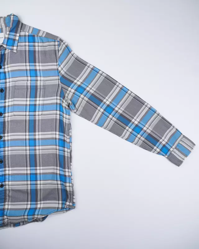 Grey and Blue Plaid Long-Sleeve Flannel Shirt