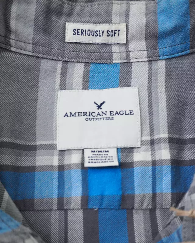 Grey and Blue Plaid Long-Sleeve Flannel Shirt