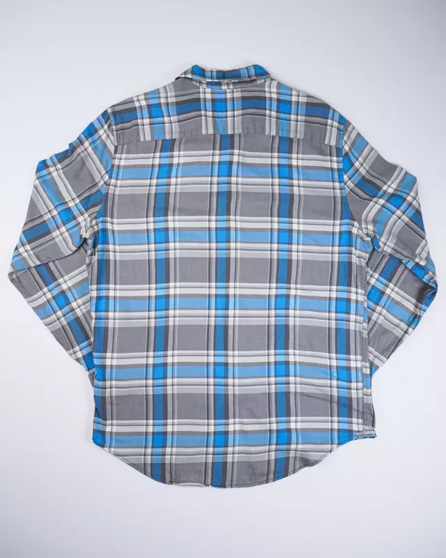 Grey and Blue Plaid Long-Sleeve Flannel Shirt