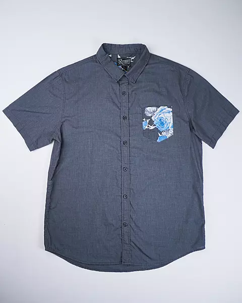 Grey Floral-Pocket Short-Sleeve Button-Up Shirt
