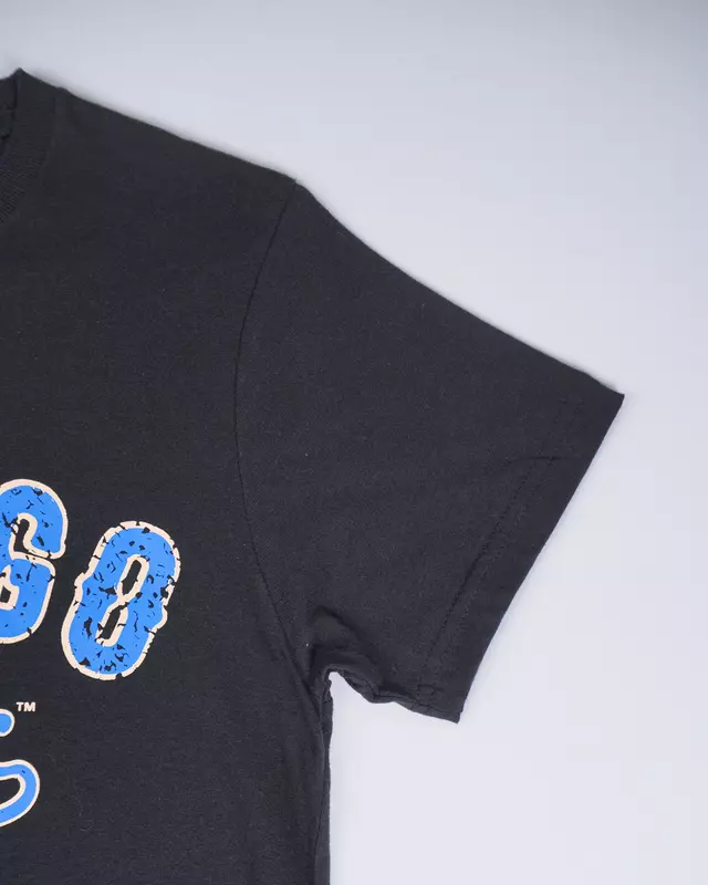 Faded Black Collegiate-Font Baseball T-Shirt