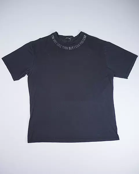 Faded Black Quote-Neck Graphic Back-Patch T-Shirt