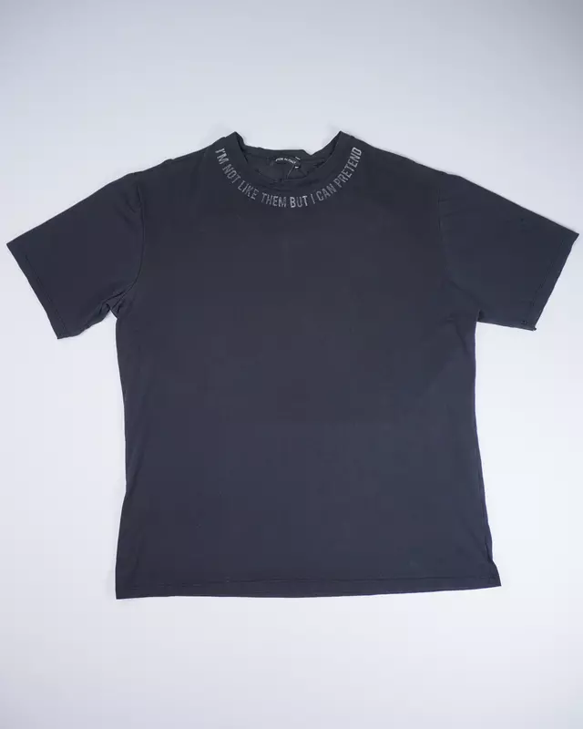 Faded Black Quote-Neck Graphic Back-Patch T-Shirt