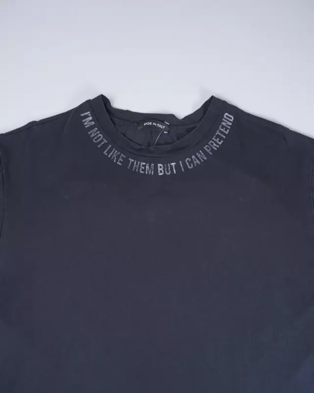 Faded Black Quote-Neck Graphic Back-Patch T-Shirt