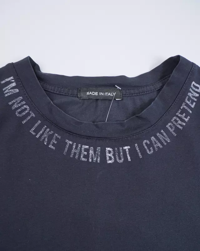 Faded Black Quote-Neck Graphic Back-Patch T-Shirt