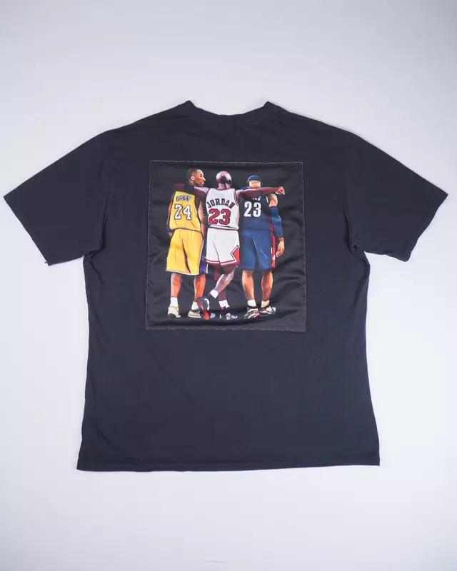 Faded Black Quote-Neck Graphic Back-Patch T-Shirt