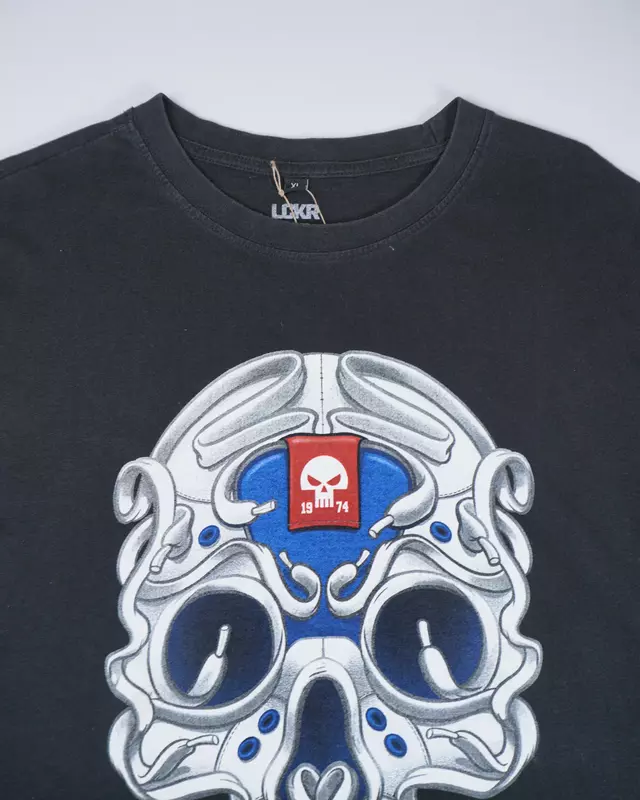 Faded Black Mech-Skull Core-Logo T-Shirt