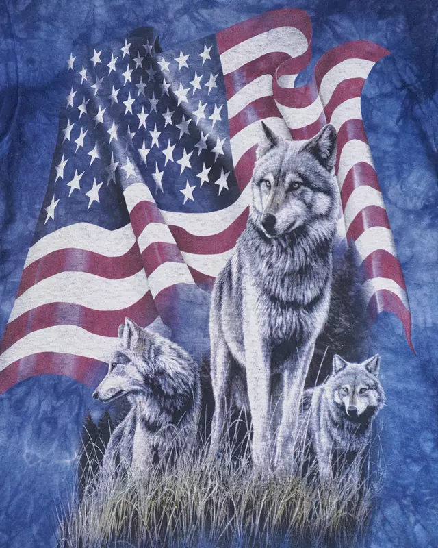 Blue Cloud-Wash American Flag Wolves Graphic T-Shirt