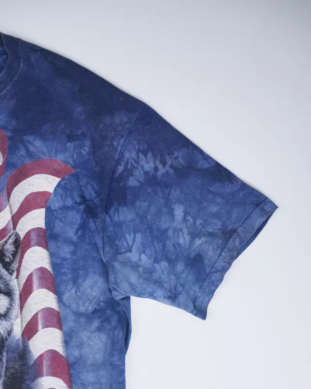 Blue Cloud-Wash American Flag Wolves Graphic T-Shirt