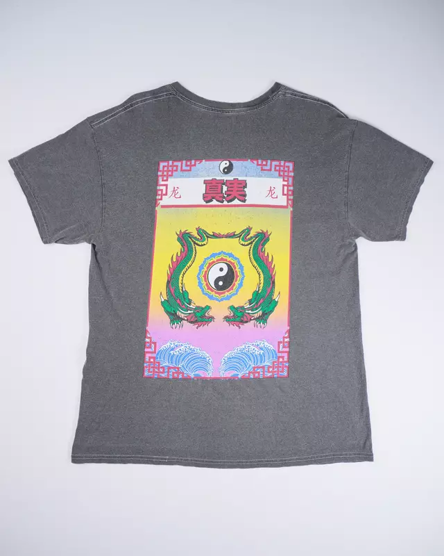 Grey Acid-Wash Kanji Dragon Graphic T-Shirt