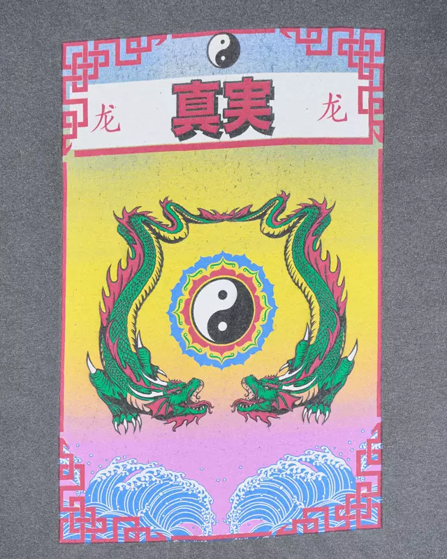 Grey Acid-Wash Kanji Dragon Graphic T-Shirt