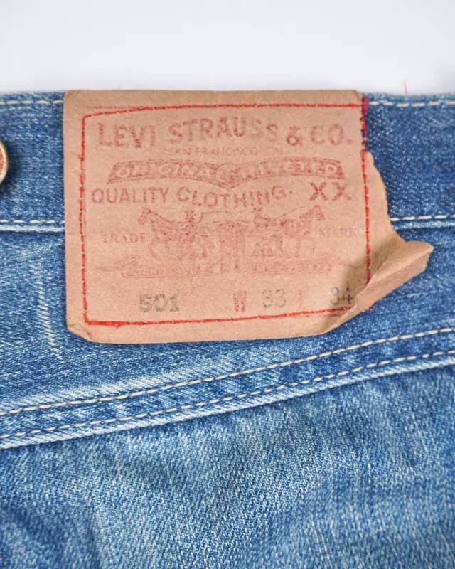 Medium Wash Red-Underlay Distressed 501-Style Demin Jeans