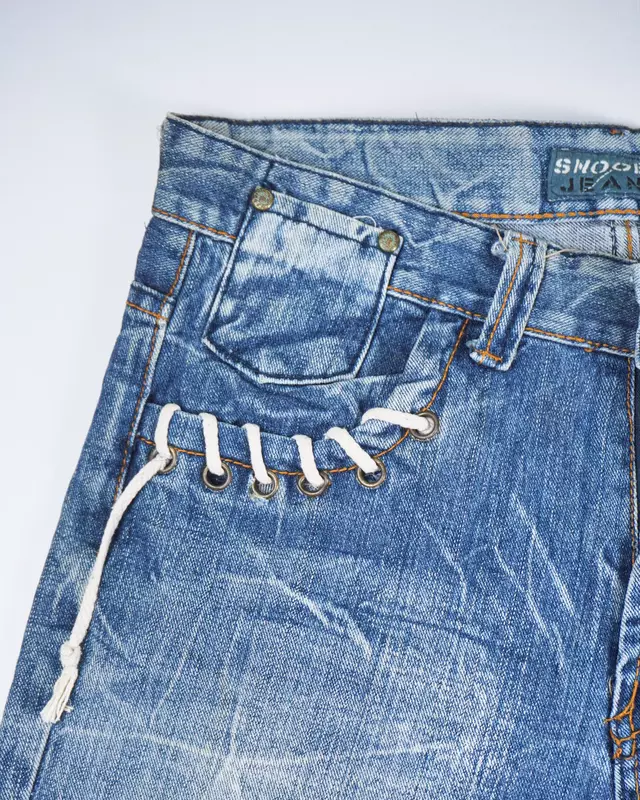Medium Wash Lace-Up Pocket Straight Jeans