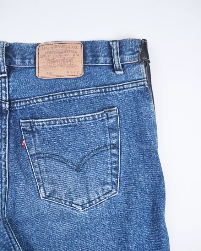 Medium Blue Leather-Paneled 501-Style Denim
