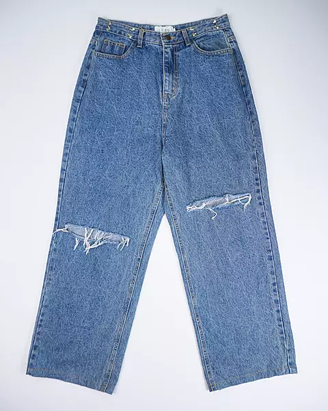 Medium Wash Distressed Knee-Slit Wide-Leg Jeans