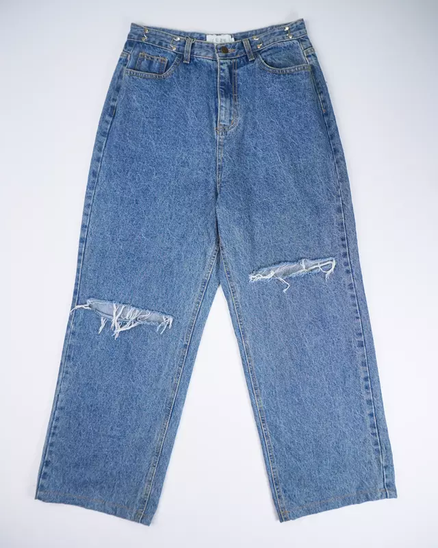 Medium Wash Distressed Knee-Slit Wide-Leg Jeans