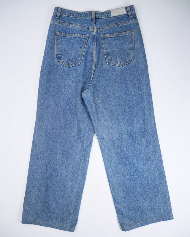 Medium Wash Distressed Knee-Slit Wide-Leg Jeans