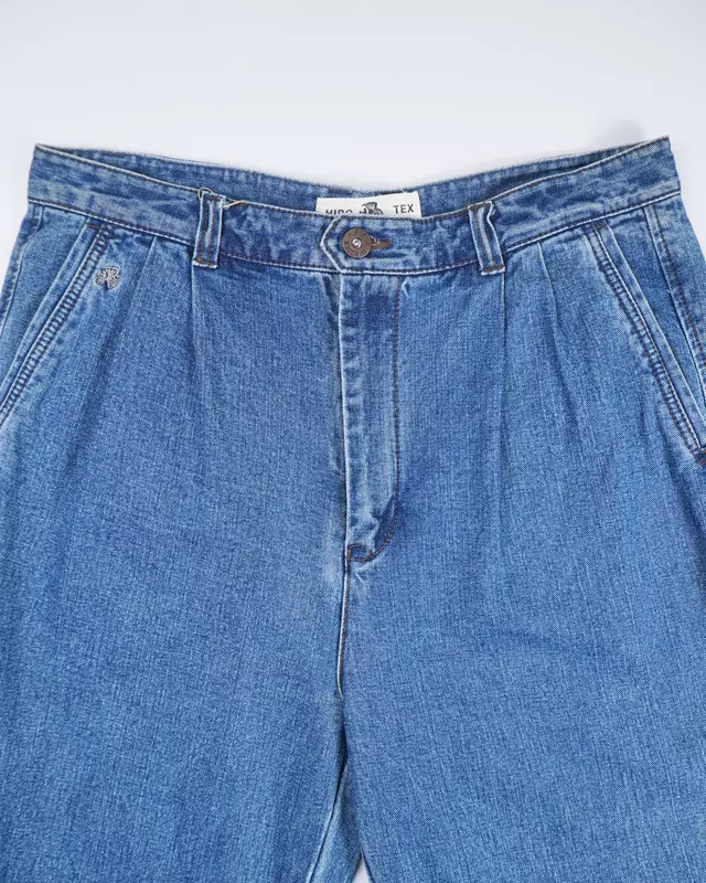 Medium Wash Pleated-Front Wide-Leg Denim Jeans