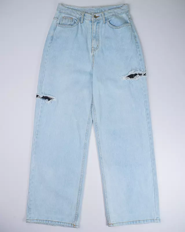 Bleached Wash Distressed Wide-Leg Jeans