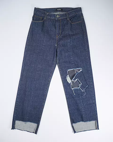 Dark Wash Distressed Center-Seam Raw-Cuff Jeans