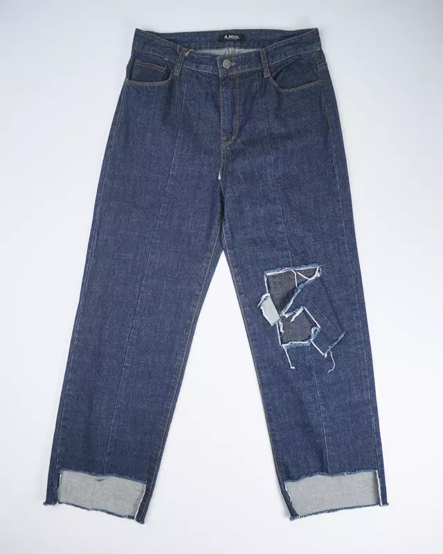 Dark Wash Distressed Center-Seam Raw-Cuff Jeans