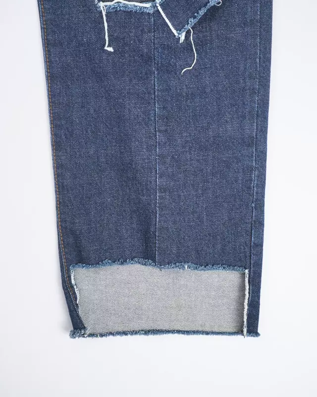 Dark Wash Distressed Center-Seam Raw-Cuff Jeans