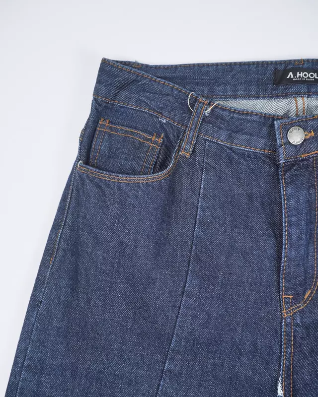 Dark Wash Distressed Center-Seam Raw-Cuff Jeans