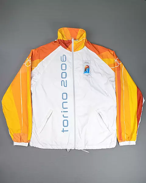 White and Orange Graphic Olympic-Theme Full-Zip Windcheater