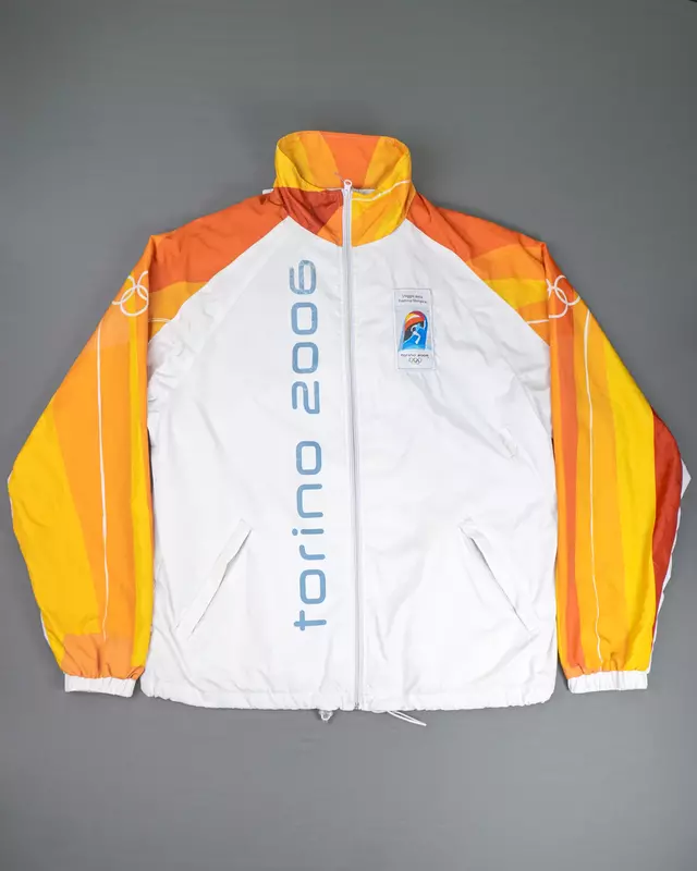 White and Orange Graphic Olympic-Theme Full-Zip Windcheater