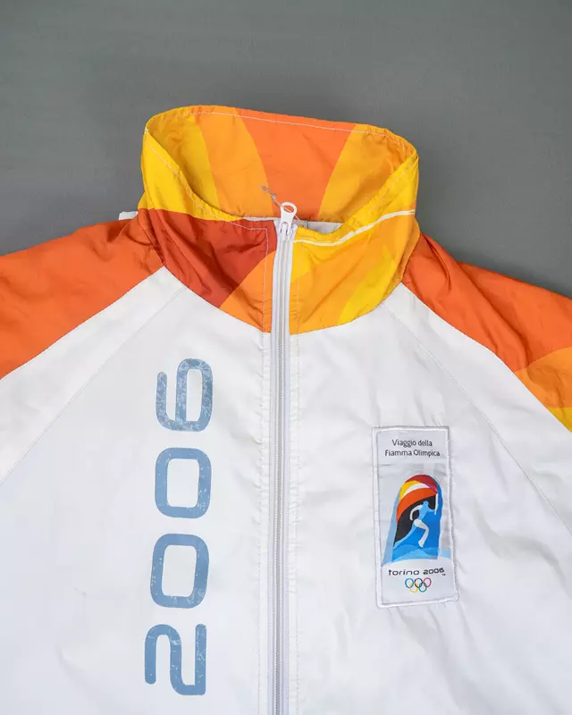 White and Orange Graphic Olympic-Theme Full-Zip Windcheater