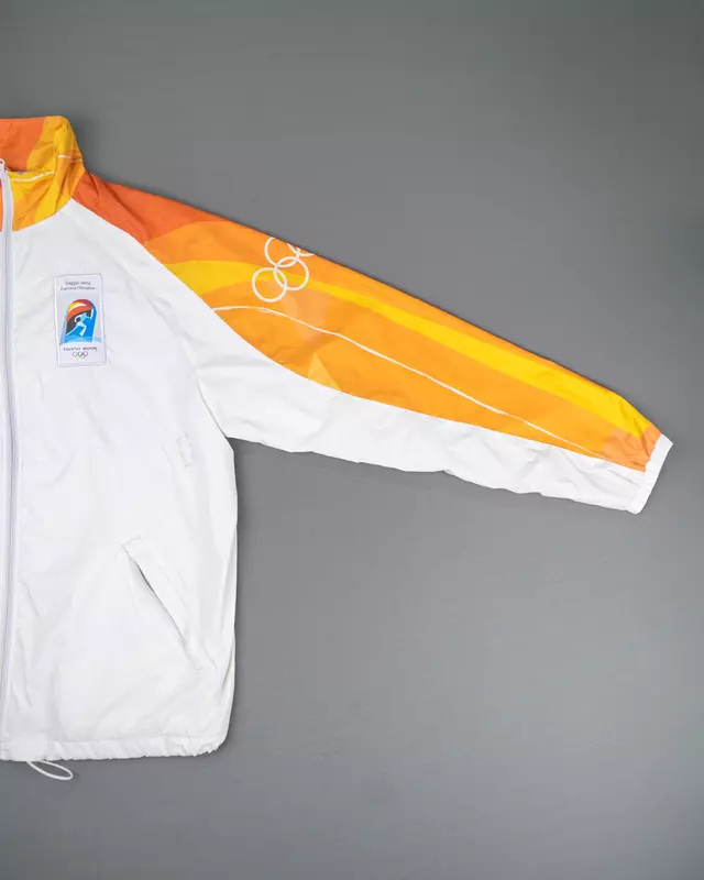 White and Orange Graphic Olympic-Theme Full-Zip Windcheater