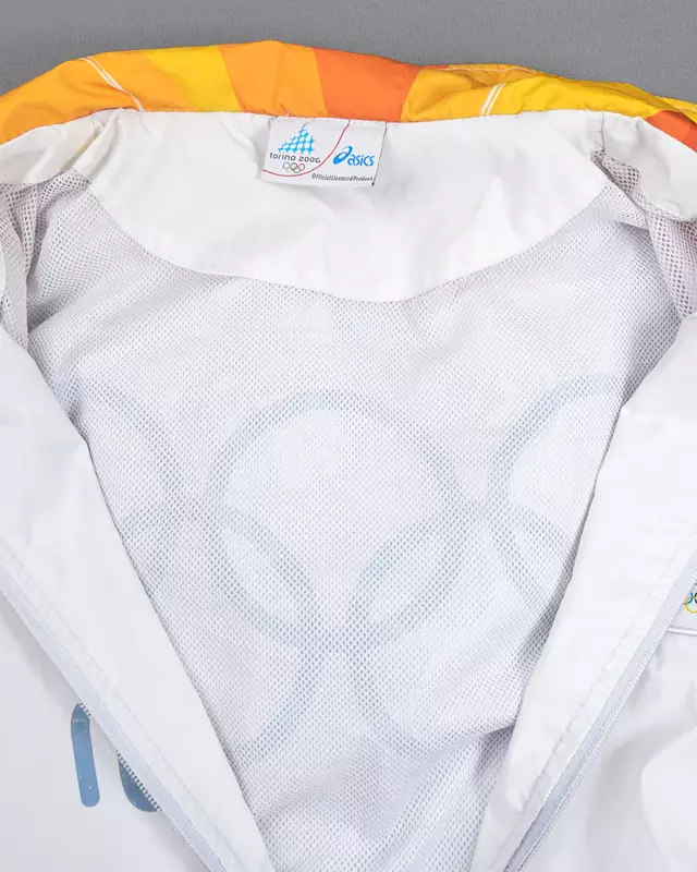White and Orange Graphic Olympic-Theme Full-Zip Windcheater